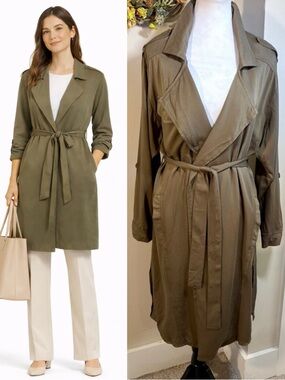 Carly Jean LA Olive Lightweight Trench Jacket Tie Waist Size Large💚